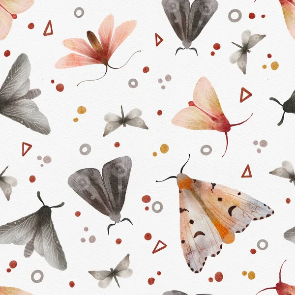 Σκώρος και πεταλούδα ακουαρέλα χέρι ζωγραφισμένα αδιάλειπτη μοτίβο. Σύνθεση με Έντομα, φόντο της φύσης, σχέδιο για εκτύπωση, ύφασμα, ταπετσαρία — Φωτογραφία Αρχείου