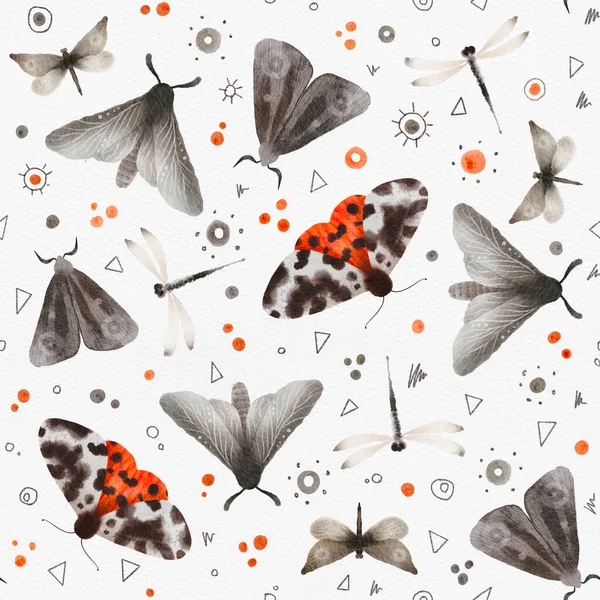 Moth and butterfly watercolor hand painted seamless pattern. Composition with Insects, nature background, design for print, textile, wallpaper —  Fotos de Stock