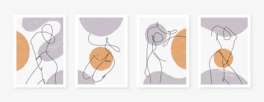 Erotik kadın figürleri ve soyut şekillerin zarif çizgisi. Duvar dekorasyonu, kartpostal veya broşür kapağı tasarımı için modaya uygun kadın siluetleri çağdaş poster tasarımı. 