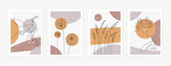 Ručně kreslené čáry ženy tvář v květinové věnec, slunečnice, pšenice a holubice míru. Současný design plakátu pro výzdobu stěn, pohlednic nebo brožur — Stockový vektor