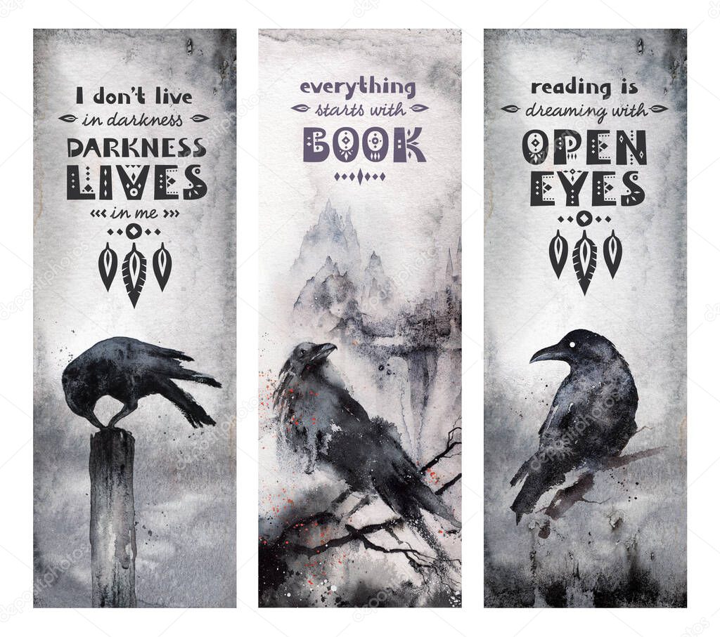 Black Raven - Bookmark for Horror book dark fantasy watercolor illustration. Ready to print bookmark template with motivation text. High quality illustration