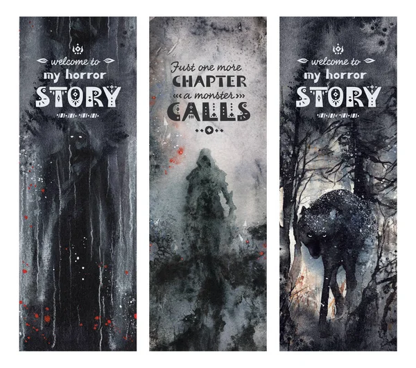 Bookmark for Horror books with monsters and wolf, Magic fantasy illustrations, demons in the dark magical forest, demonic evil creatures. Ready to print bookmark template with motivation text