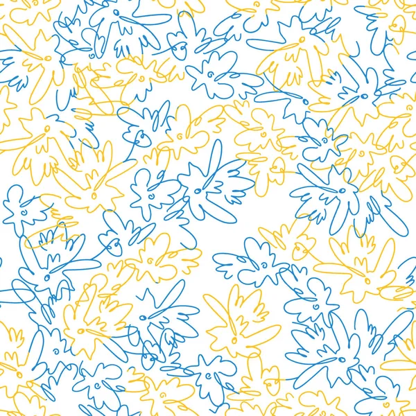 Flue Yellow Flower Meadow Line Art Seamless Pattern Floral Ornament — Archivo Imágenes Vectoriales