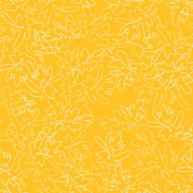 Çiçek çayırı, düz çizgili sanat desenleri, sarı renkli çiçek süslemeleri. Devamlı doğrusal sanatla sınırsız doku. Vektör illüstrasyonu