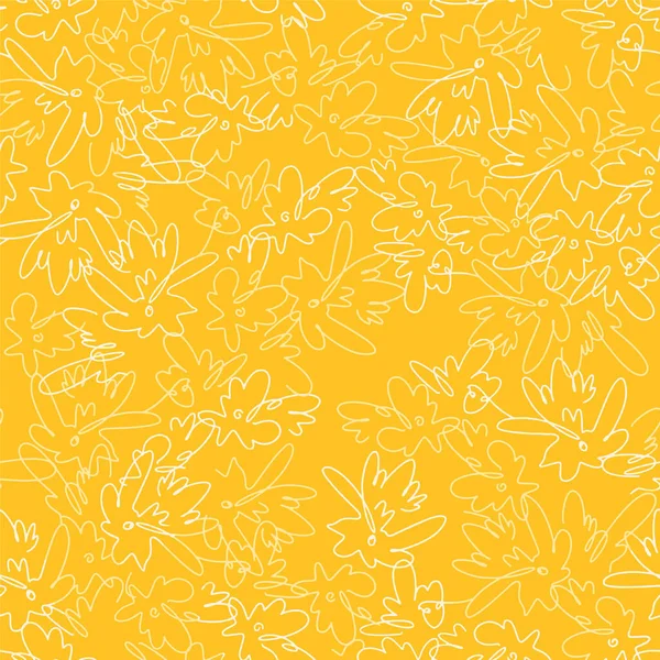 Flower Meadow Line Art Seamless Pattern Floral Ornament Yellow Endless - Stok Vektor