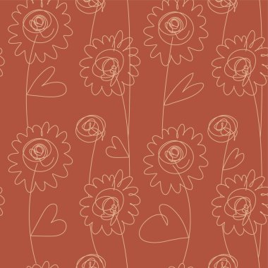 Ayçiçeği çiçeği çayırı. Koyu kırmızı kehribar renginde çiçek süsüsü serpiştirilmiş. Devamlı doğrusal sanatla sonu gelmez zarif bir doku. Vektör illüstrasyonu
