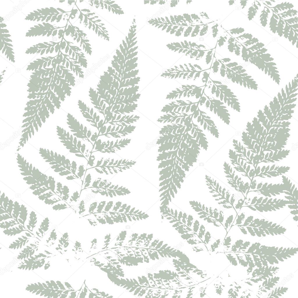 Sage green fern leaves, pale botanical seamless pattern Floral Natural background for packaging, textile print, scrapbooking paper. Vector illustration. Vector illustration