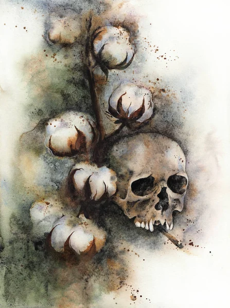 Cotton flower with a human skull painting. Green and brown dark gothic watercolor concept art with a smoking dead man. High-quality illustration
