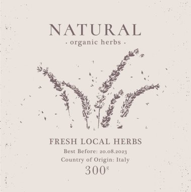 Doğal organik bitkisel ürünler için Zarif Etiket. Kozmetik, eczane ve sağlıklı yiyecekler için klasik ambalaj tasarımı koleksiyonu. Kurumuş yapraklar, gerçek bitkiler. Vektör illüstrasyonu