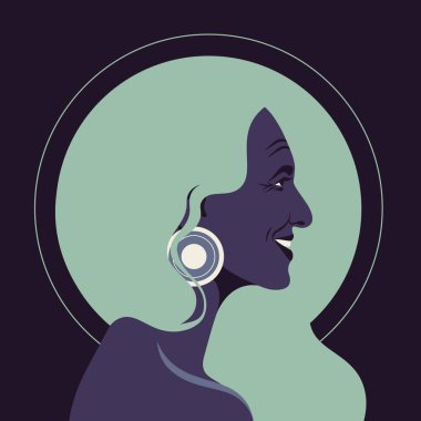 Mutlu yaşlı bir kadının profili. Büyükannenin yüzü kenarda duruyor. Avatar. Modern cadı. Vektör Düz Çizim