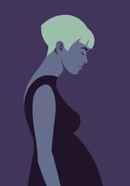 Profil Nieszczęśliwej Kobiety Ciąży Ciemnym Tle Samotność Depresja Ginekologia Surogactwo — Wektor stockowy