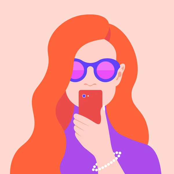 Portret Rudej Kobiety Telefonem Uzależnienie Psychologiczne Smartfonie Internecie Avatar Dla — Wektor stockowy