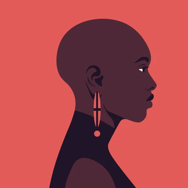 Porträtt Skallig Afrikansk Kvinna Profil Ett Ansikte Mode Modell Sidovy — Stock vektor