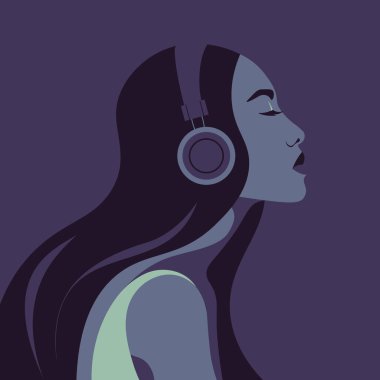 Asyalı kadın kulaklıkla müzik dinliyor. Müzik terapisi. Bir müzisyenin profili. Bir gencin moda avatarı. Vektör düz resimleme.