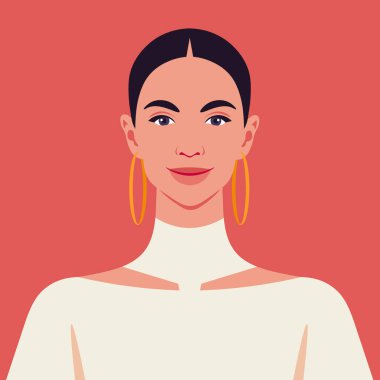 Güzel bir Latin Amerikalı kadının portresi. Sosyal medya için Avatar. Düz biçimdeki parlak vektör illüstrasyonu.