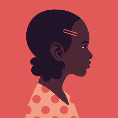 Profildeki Afrikalı küçük bir kızın başı. Bir çocuğun yüzü. Yan görüş. Portre. Avatar. Vektör düz resimleme