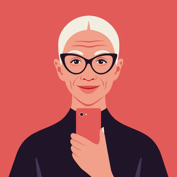 Akıllı Telefonlu Yaşlı Bir Kadının Portresi Sosyal Medya Internetin Psikolojik — Stok Vektör