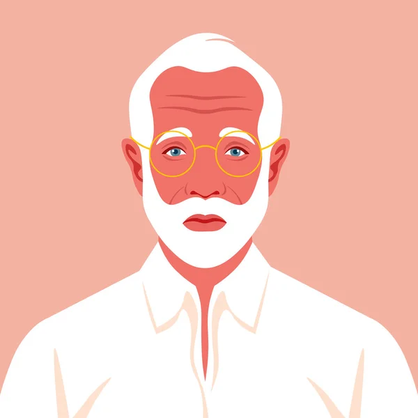 Ritratto Uomo Anziano Con Barba Occhiali Avatar Nonno Tristezza Volto — Vettoriale Stock