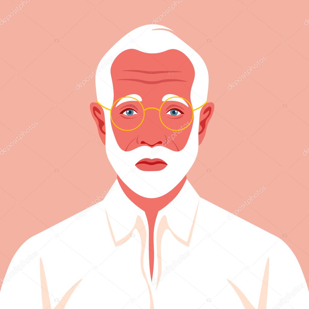 Portrait of an elderly man with beard and eyeglasses. Avatar of a sadness grandfather. A face of an old businessman. Depression. Social networks. Vector flat illustration