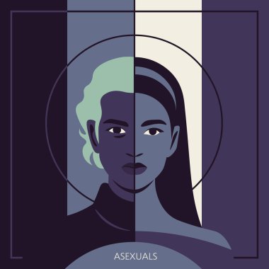 Aseksüel insanların portresi. Kadın ve erkeğin yüzlerinin yarısı. Aseksüellik. Cinsiyet sorunları. LGBTQ. İnterseksüel. Transseksüel. Vektör düz resimleme