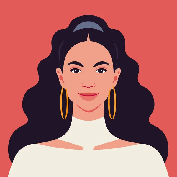 一个有着红色背景的美丽拉丁美洲女人的画像 社交媒体的化身 多样性 平面风格的明亮矢量插图 — 图库矢量图片