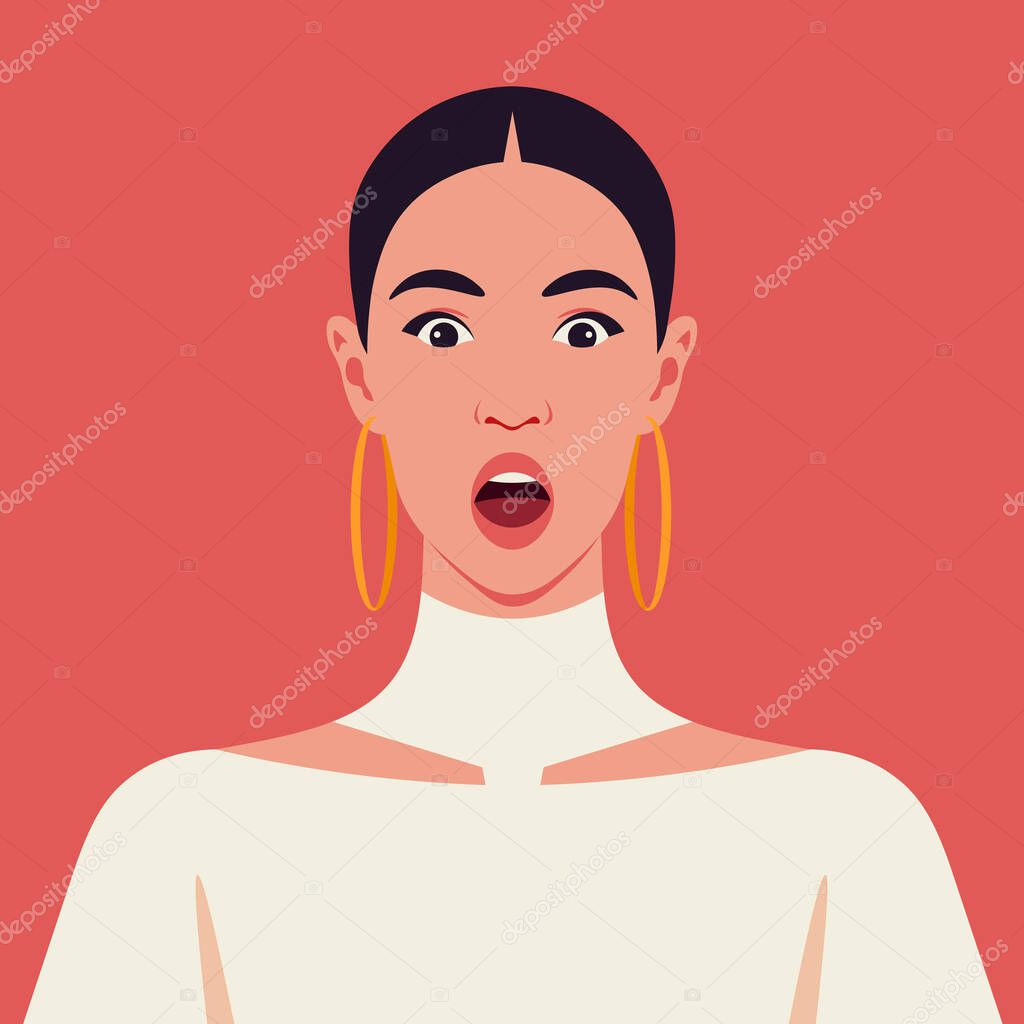 Latin American woman's frightened face. Fears and phobias. Surprise. Vector flat illustration