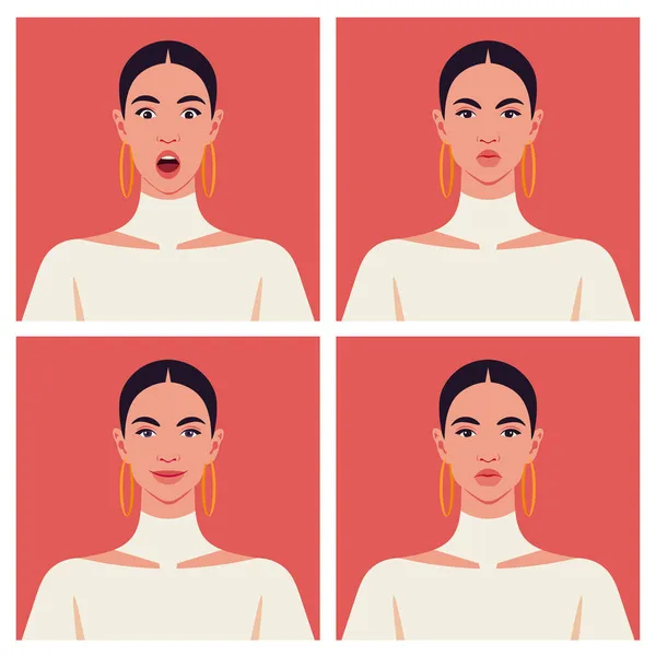 Emocje Twarzy Latynoamerykańskiej Kobiety Avatarów Szczęście Złość Smutek Niespodzianka Ilustracja — Wektor stockowy