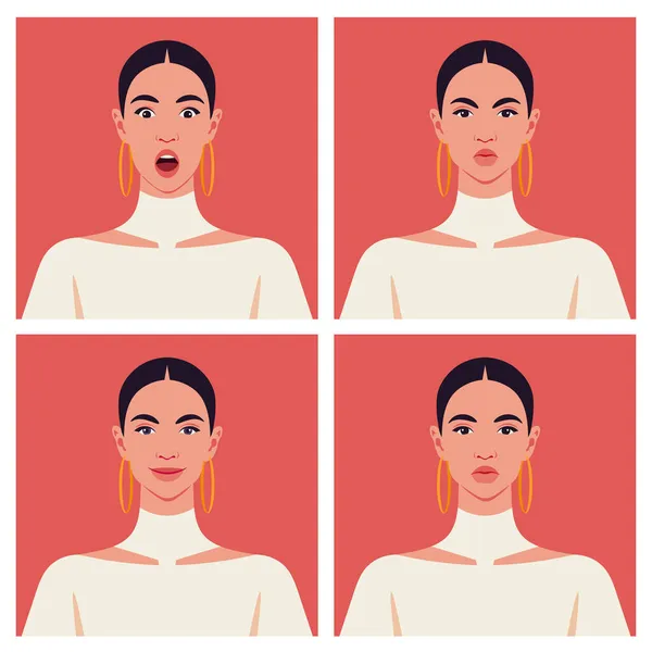 Conjunto Emociones Del Rostro Una Mujer Latinoamericana Avatares Felicidad Ira — Vector de stock