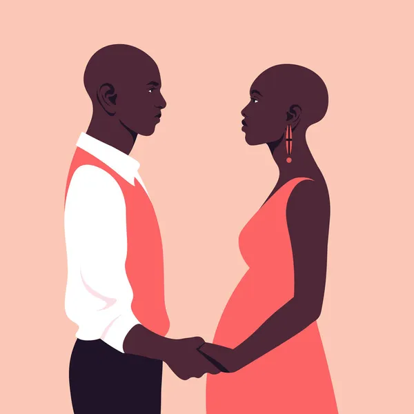 Feliz Pareja Africana Cogida Mano Retrato Hombre Una Mujer Embarazada — Vector de stock