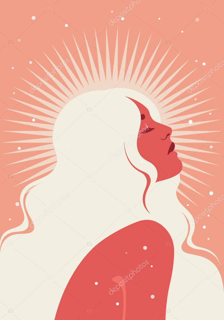 Portrait of a peaceful woman in profile. A face of a serene fashion model. Sunshine. Retreat. Yoga. Avatar for social media. Vector illustration in flat style.