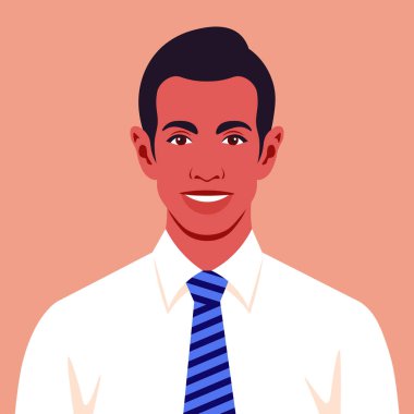 Kravatlı mutlu bir Latin Amerikalı adamın portresi. Sosyal medya için gülen iş adamlarının Avatar 'ı. Düz biçimli vektör illüstrasyonu.
