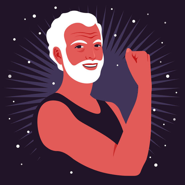 Portrait of a strong elderly man showing his arm and muscles. A hand gesture. Happy grandfather. Diversity. Avatar for social media. Vector illustration in flat style.