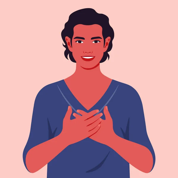 Young Smiling Man Hands Chest Grateful Gesture Vector Flat Illustration — Wektor stockowy