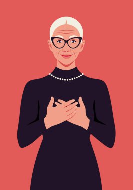 Elderly smiling woman with hands on her chest.Grateful gesture. Kind grandmother.Vector flat illustration clipart