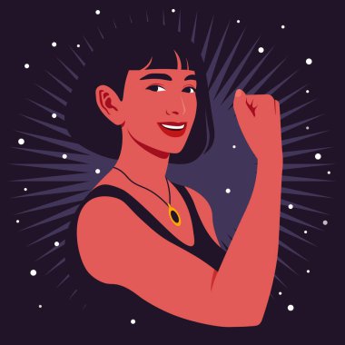 Portrait of a strong Hispanic woman in half-turn showing her arm and muscles. Gesture. Women's rights and diversity. Avatar for social media. Vector illustration in flat style.
