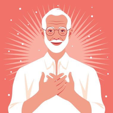 Grateful gesture. Happy elderly man with hands on his chest.Forgiveness. Grandfather. Vector flat illustration