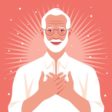 Grateful gesture. Happy elderly man with hands on his chest.Forgiveness. Grandfather. Vector flat illustration clipart