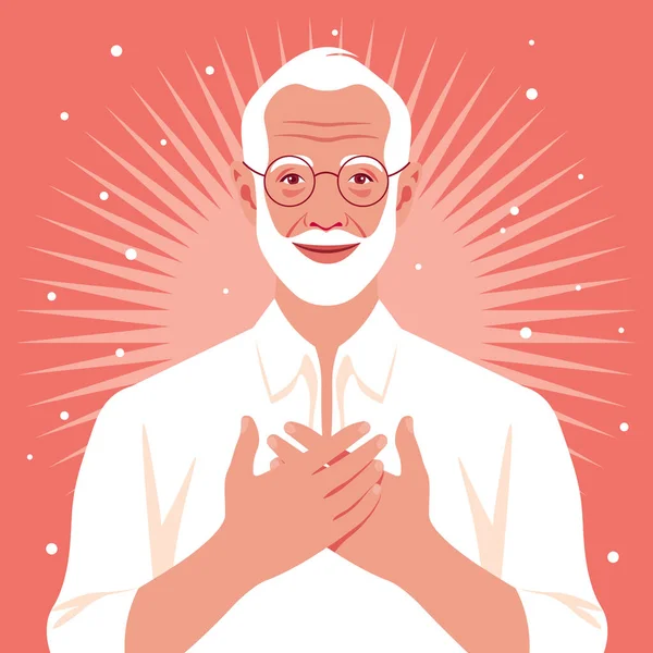 Grateful Gesture Happy Elderly Man Hands His Chest Forgiveness Grandfather — Vector de stock