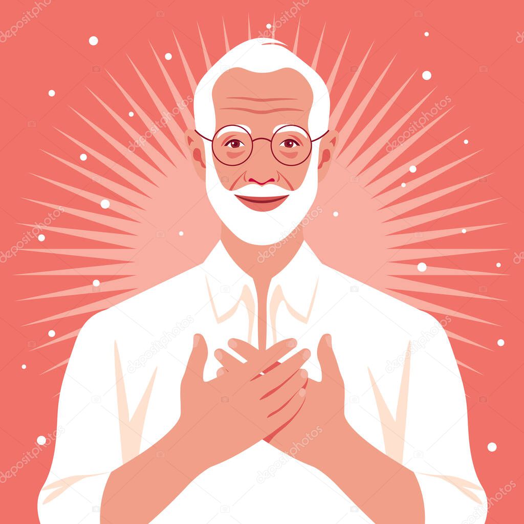 Grateful gesture. Happy elderly man with hands on his chest.Forgiveness. Grandfather. Vector flat illustration