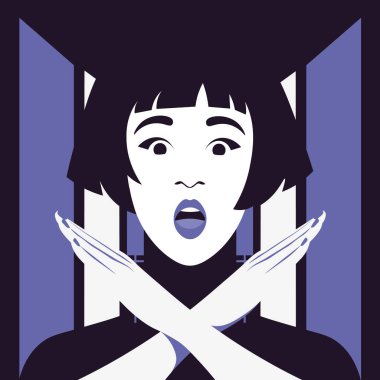 A gesture of refusal and prohibition. Portrait of a shocked Asian woman with crossed arms. Campaign against domestic violence. Vector flat illustrations