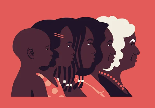 老化プロセス プロファイルの異なる年齢のアフリカの女性の頭 子供と大人の顔の側のビュー 幼児期 青年期 家族だ ベクトル平図 — ストックベクタ