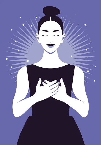 Asian Smiling Woman Hands Her Chest Grateful Gesture Kindness Acceptance — Stock Vector