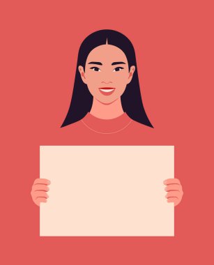 Asyalı bir kadın elinde mesaj olmayan boş bir poster tutuyor. Feminizm ve kadın hakları. Kırmızı arka planda protesto yapan bir öğrencinin portresi. Düz bir şekilde vektör illüstrasyonu
