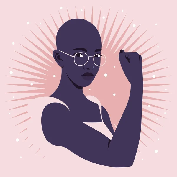腕と筋肉を見せるアフリカの強い女性の肖像画 手のジェスチャーだ 女性の権利と多様性 ソーシャルメディアのためのアバター 平型ベクトルイラスト — ストックベクタ