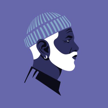 Şapkalı yaşlı Afrikalı bir adamın portresi. Çeşitlilik. Büyükbabanın yüzü. Yan görüş. Sosyal medya için Avatar. Vektör düz resimleme