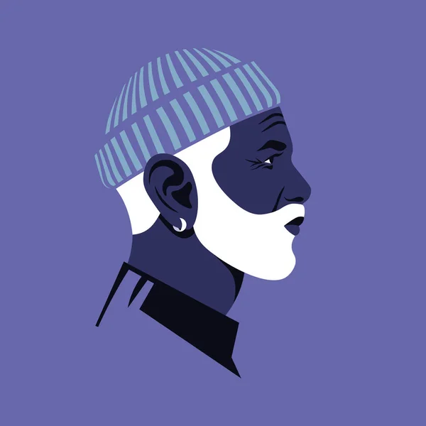Şapkalı Yaşlı Afrikalı Bir Adamın Portresi Çeşitlilik Büyükbabanın Yüzü Yan — Stok Vektör