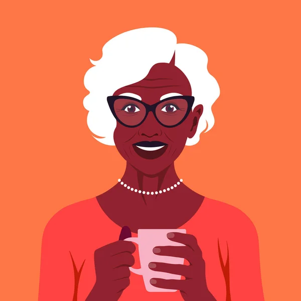 Happy Elderly Woman Holding Cup Coffee Tea Her Hands Breakfast — стоковый вектор
