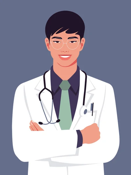 一位身穿医疗服的年轻的亚洲医生专业的肖像 在医院或诊所工作 平面风格的概念向量说明 — 图库矢量图片
