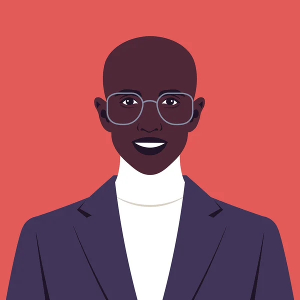 一个穿着高领毛衣的快乐的非洲男人的画像 一个戴眼镜的成功商人的化身 一个年轻的专业人士 矢量平面插图 — 图库矢量图片
