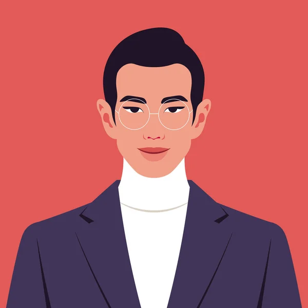 Portret Młodego Azjaty Avatar Odnoszącego Sukcesy Biznesmena Okularach Polityk Wektor — Wektor stockowy